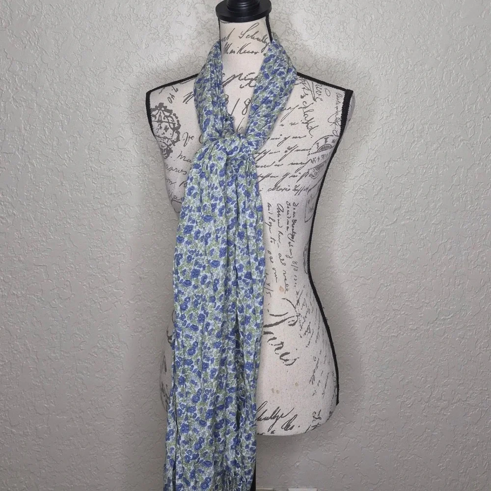 Blue Floral Lightweight Scarf Fringed Rectangle Shawl Wrap Green Botanical Print